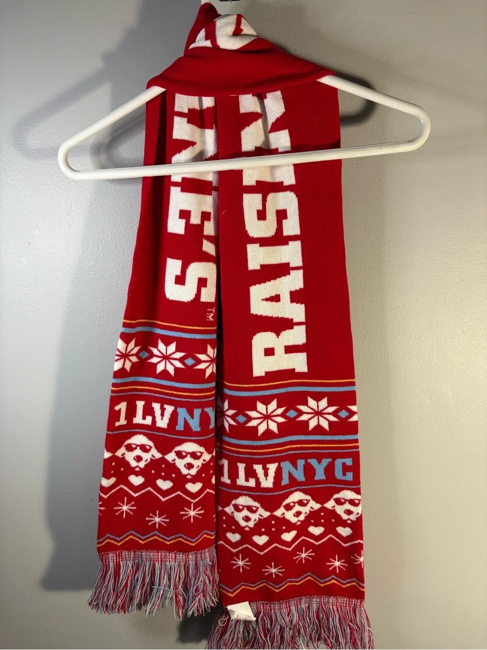 Red Knit Raising Canes Christmas Scarf with White Patterned Accents
